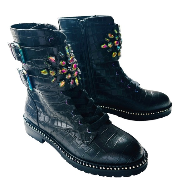 Kurt Geiger Stoop Rainbow Crystal Combat Boots in Black Leather Size 37 - Picture 2 of 12